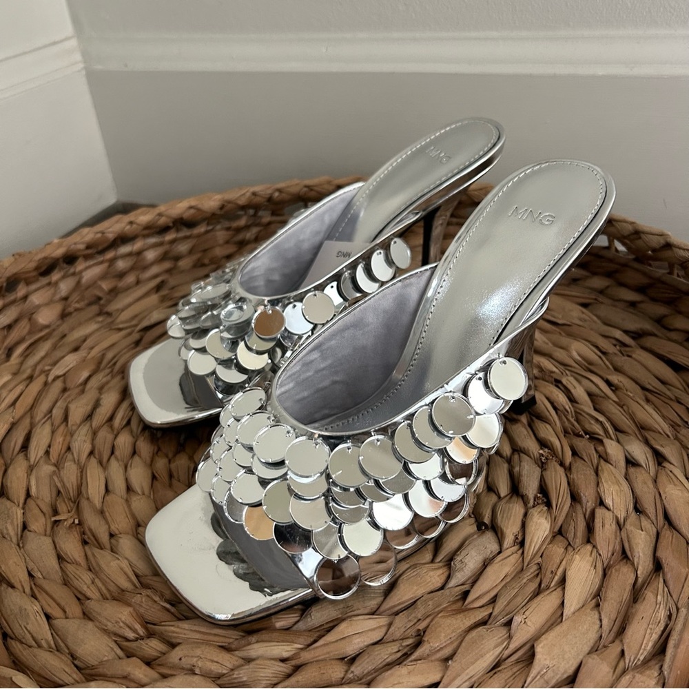 Mango Silver Sequin Sandal with Mirror Detail Size 7.5